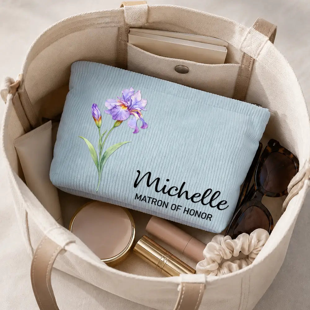Confident,Gift For Yourself,Gift For Women,Icon - Watercolor Birth Month Flower Blooming With Beauty - Personalized Corduroy Makeup Bag