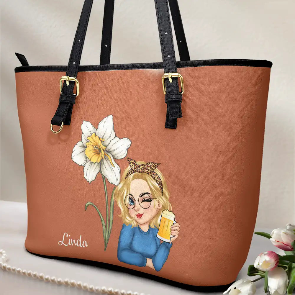 Gift For Yourself,Gift For Women - Birth Month Flower Blooming - Personalized Leather Tote Bag