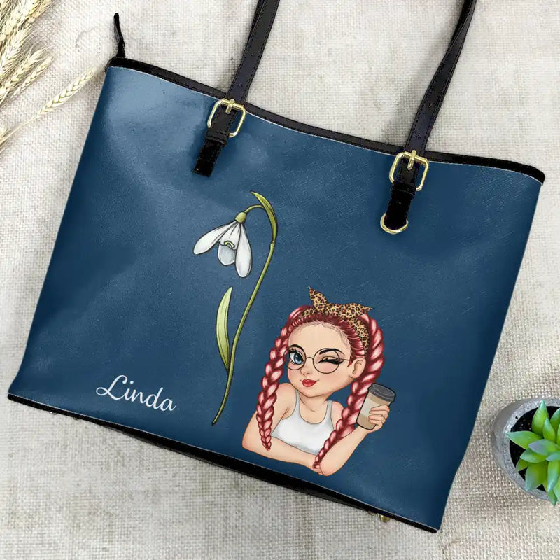 Gift For Yourself,Gift For Women - Birth Month Flower Blooming - Personalized Leather Tote Bag