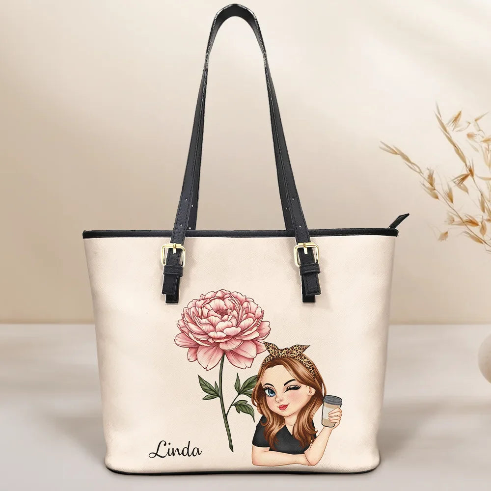 Gift For Yourself,Gift For Women - Birth Month Flower Blooming - Personalized Leather Tote Bag