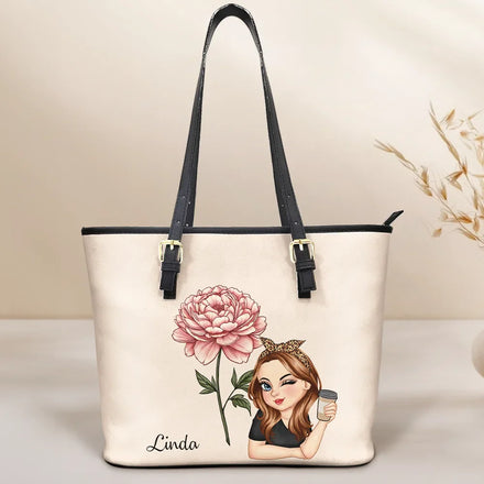 Sac fourre-tout en cuir personnalisé avec fleur en fleur pour le mois de naissance