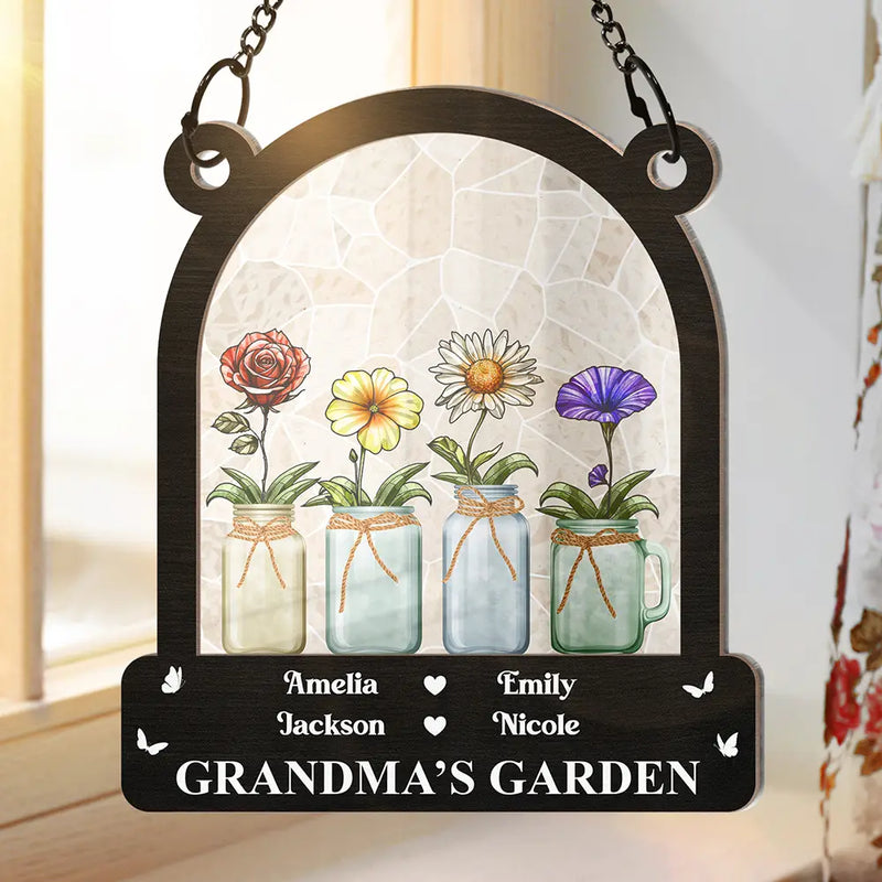 Christmas, Gift For Grandma, Gift For Mother - Birth Month Flower Blooming In Her Garden - Personalized Window Hanging Suncatcher Ornament