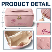 Gift For Women,Happy,Gift For Bestie,Gift For Sisters,Gift For Daughter - Birth Month Flower Blooming In Love - Personalized Embroidered Leather Makeup Bag