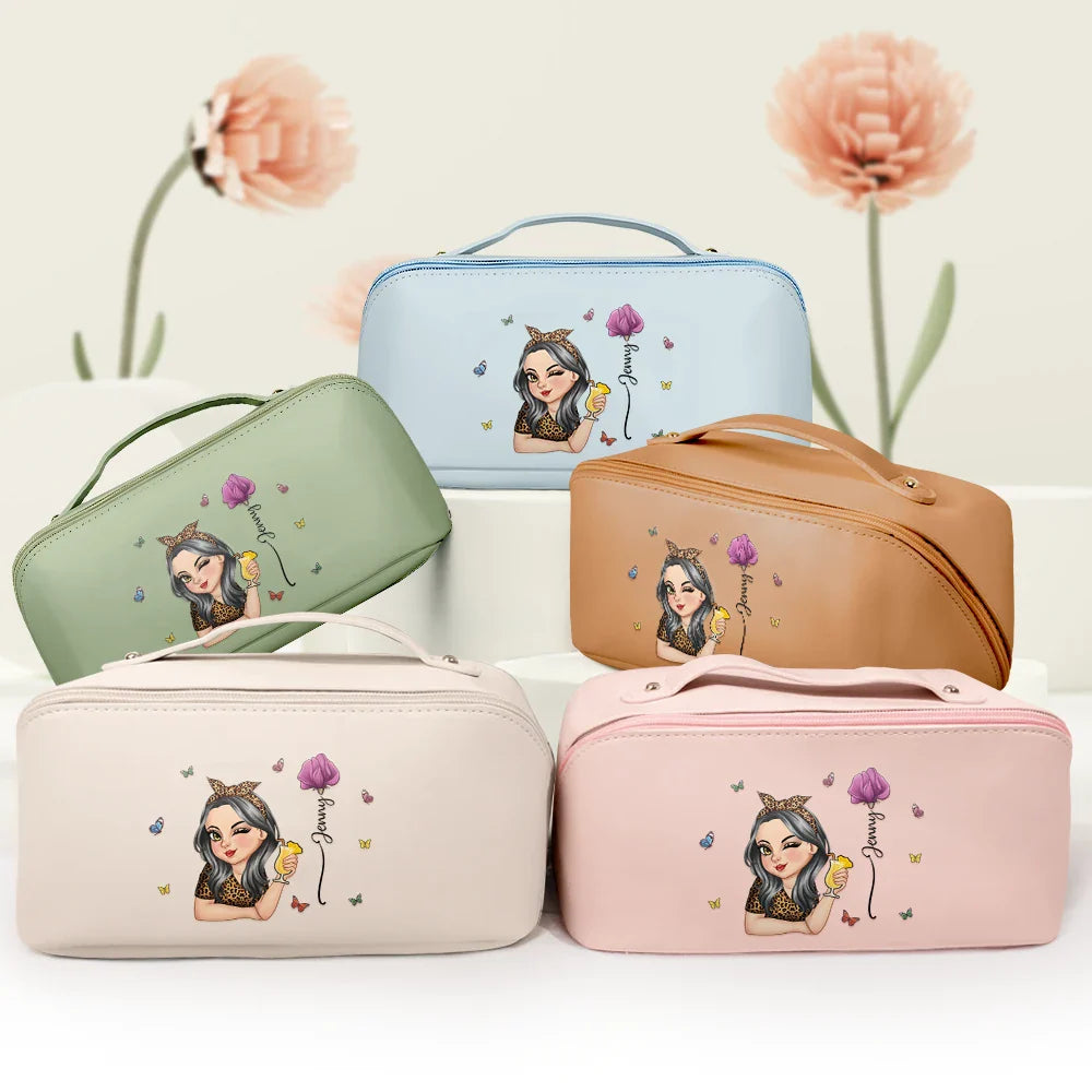 Gift For Yourself,Gift For Women,Happy - Birth Month Flower Blooming In Love - Personalized Leather Makeup Bag