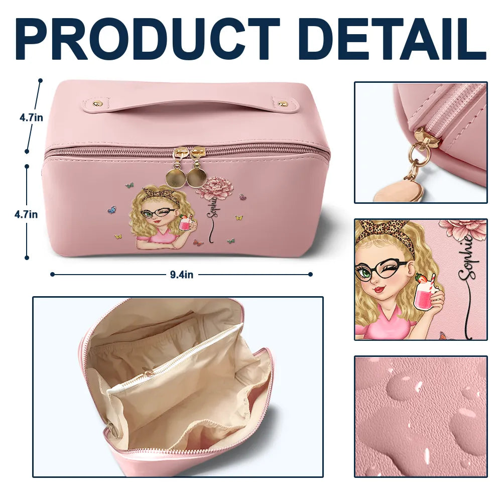 Gift For Yourself,Gift For Women,Happy - Birth Month Flower Blooming In Love - Personalized Leather Makeup Bag
