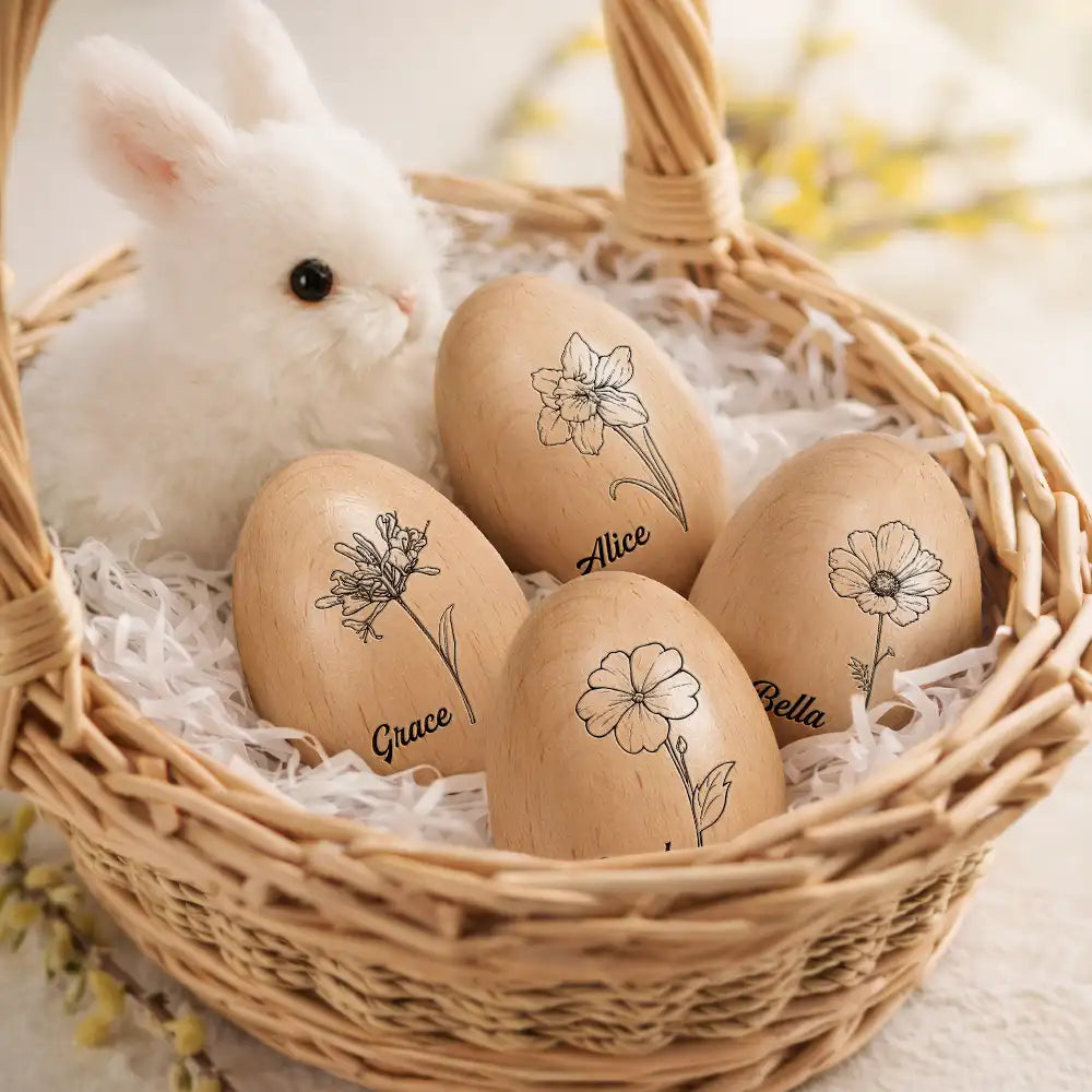 Gift For Kids, Gift For Grandkids - Birth Month Flower Blooms - Personalized Musical Wooden Easter Egg Shaker