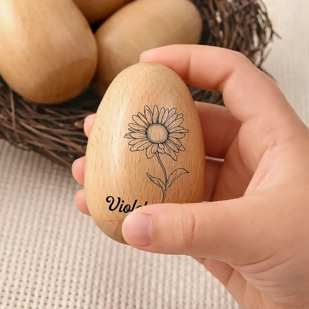 Gift For Kids, Gift For Grandkids - Birth Month Flower Blooms - Personalized Musical Wooden Easter Egg Shaker