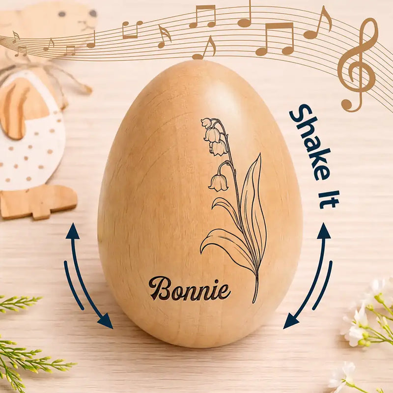 Gift For Kids, Gift For Grandkids - Birth Month Flower Blooms - Personalized Musical Wooden Easter Egg Shaker