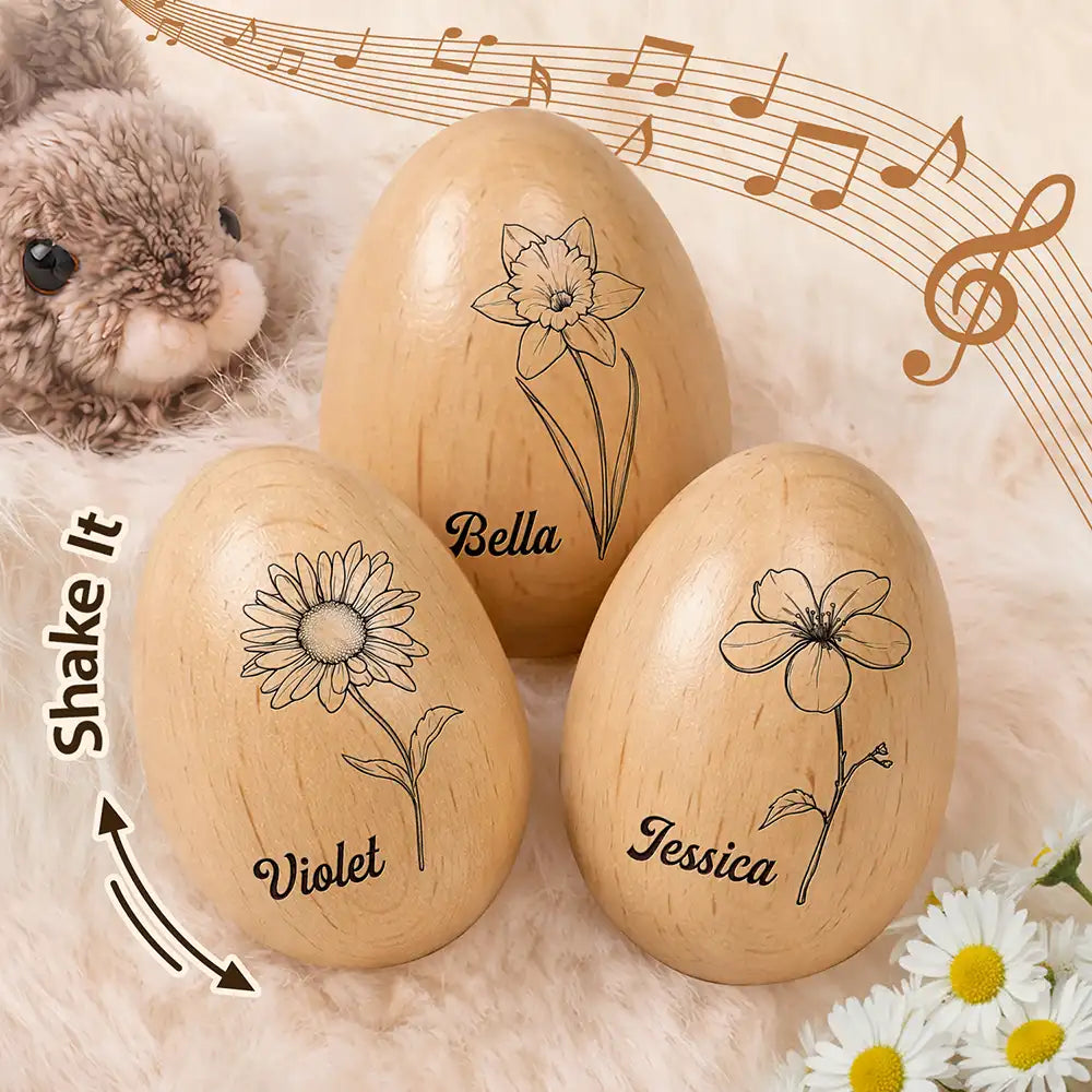 Gift For Kids, Gift For Grandkids - Birth Month Flower Blooms - Personalized Musical Wooden Easter Egg Shaker