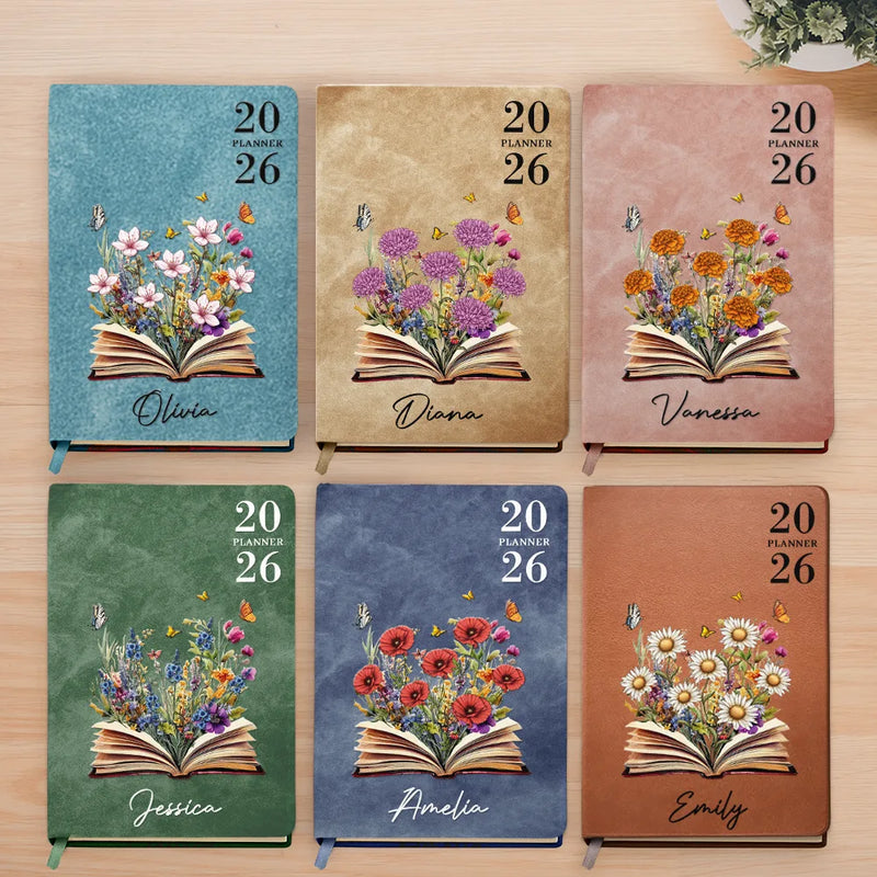 Gift For Wife,Gift For Yourself,Gift For Girlfriend,Gift For Women,Gift For Aunt,Gift For Grandma,Gift For Daughter,Gift For Sisters,Gift For Bestie - Birth Month Flower Blooms Planner 2026 - Personalized Leather Journal