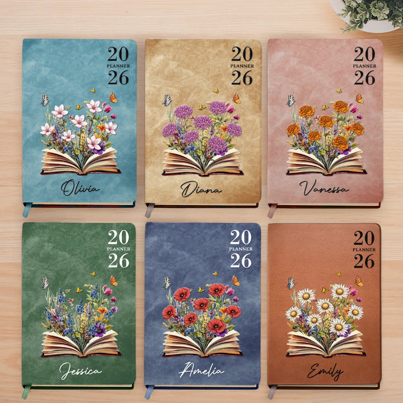 Gift For Wife,Gift For Yourself,Gift For Girlfriend,Gift For Women,Gift For Aunt,Gift For Grandma,Gift For Daughter,Gift For Sisters,Gift For Bestie - Birth Month Flower Blooms Planner 2026 - Personalized Leather Journal