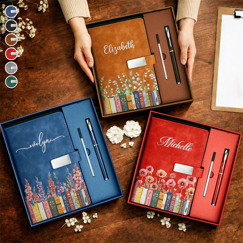 Birth Month Flower Bookshelf - Personalized Leather Notebook Set