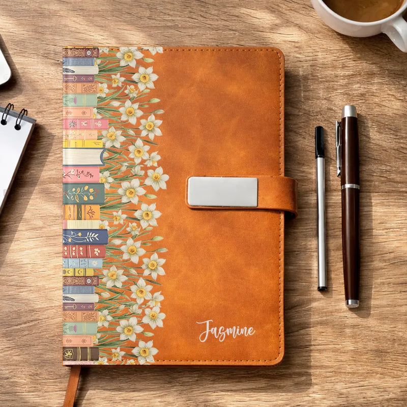 Christmas, Reading, Gift For Yourself, Gift For Women, Icon, Happy - Birth Month Flower Bookshelf - Personalized Leather Notebook Set