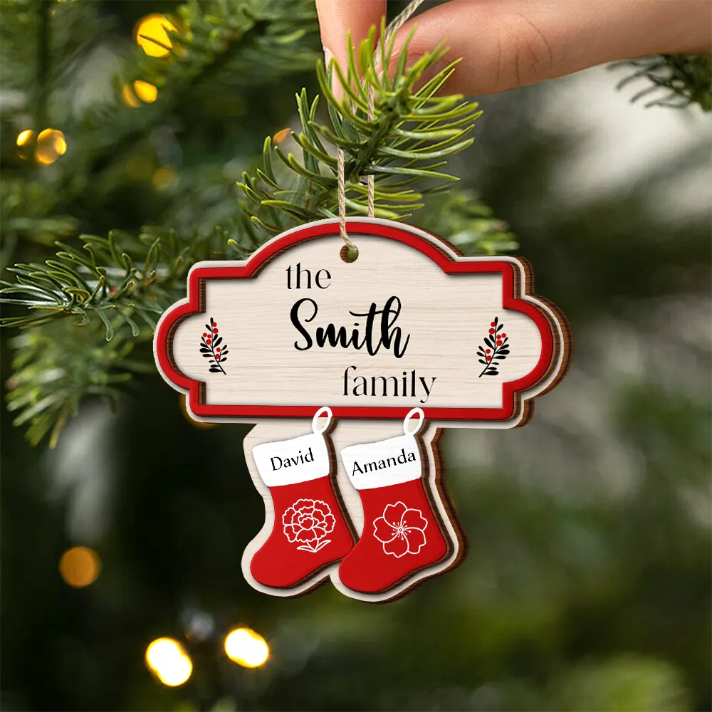 Parents,Family,Gift For Mother,Gift For Father,Gift For Grandpa,Gift For Grandma,Love,Christmas - Birth Month Flower Family Stockings - Personalized 2-Layered Wooden Ornament