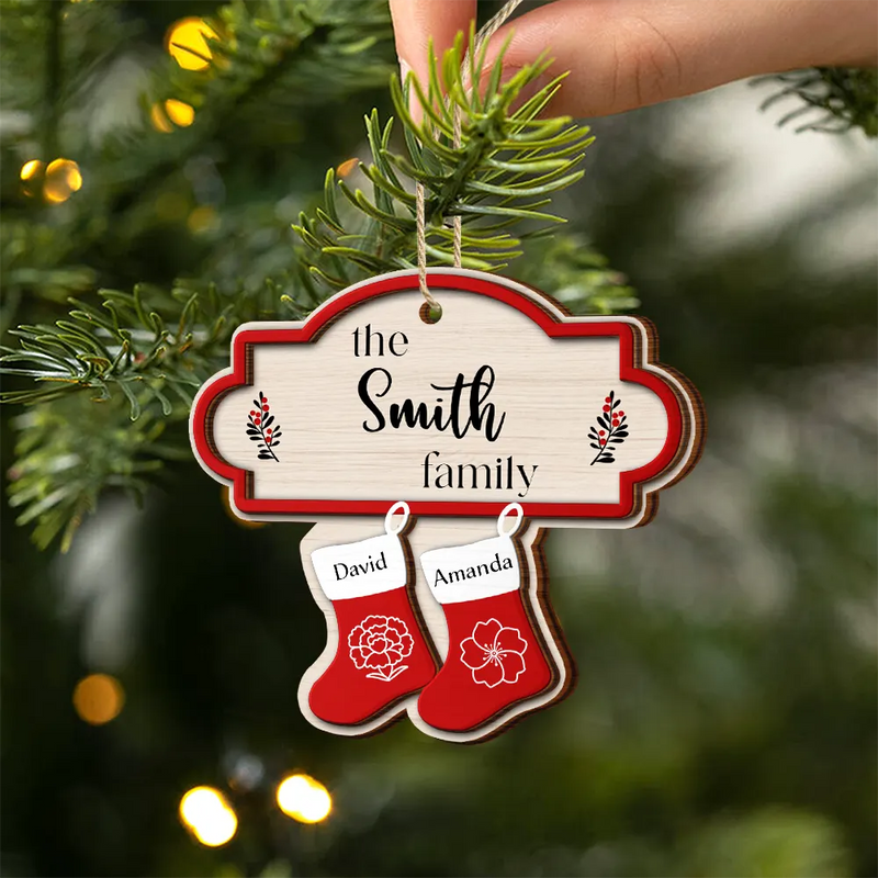 Parents,Family,Gift For Mother,Gift For Father,Gift For Grandpa,Gift For Grandma,Love,Christmas - Birth Month Flower Family Stockings - Personalized 2-Layered Wooden Ornament