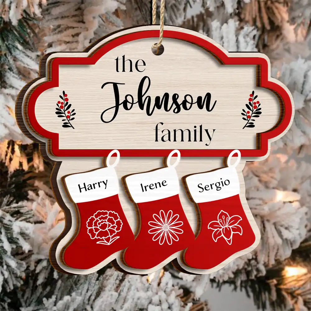 Parents,Family,Gift For Mother,Gift For Father,Gift For Grandpa,Gift For Grandma,Love,Christmas - Birth Month Flower Family Stockings - Personalized 2-Layered Wooden Ornament