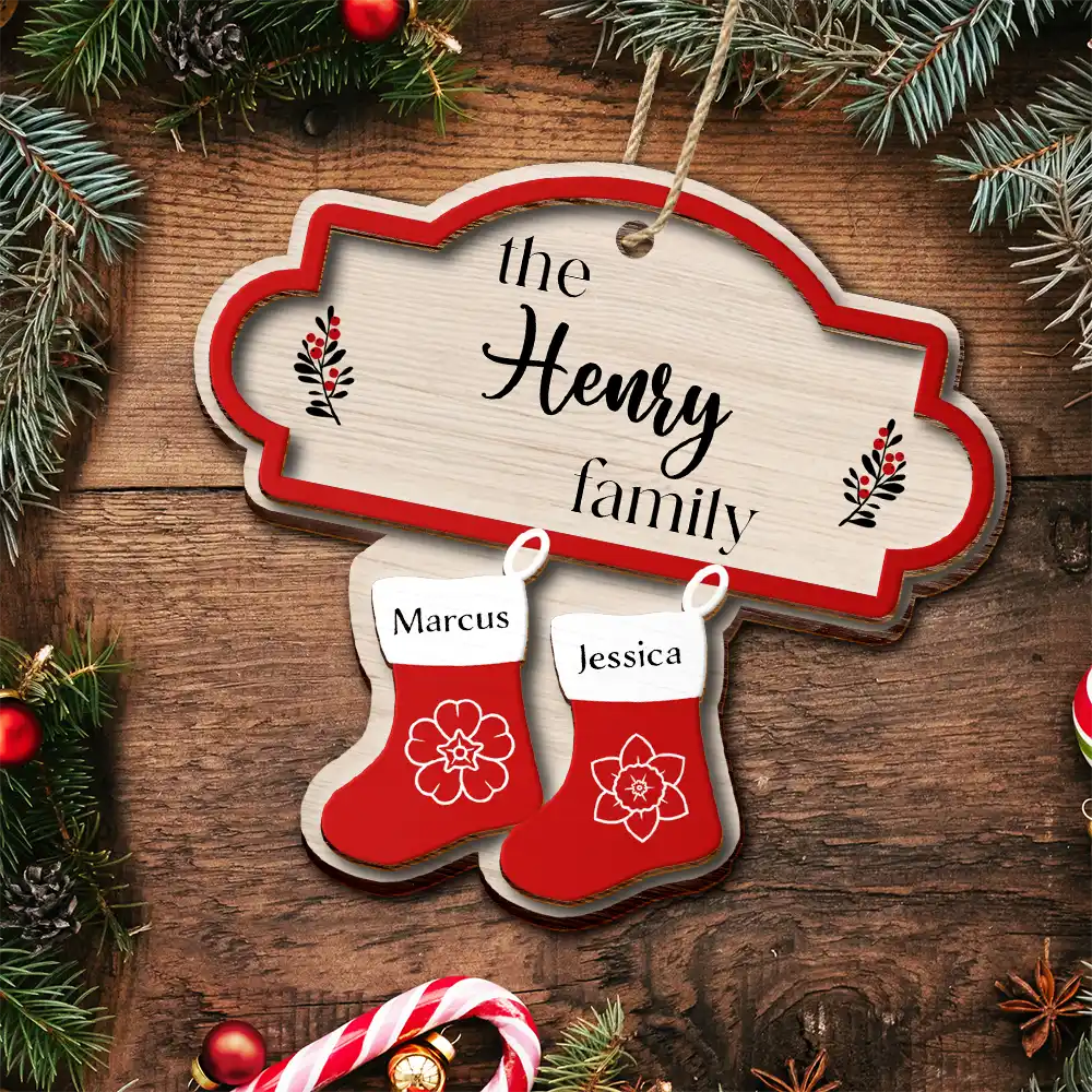 Parents,Family,Gift For Mother,Gift For Father,Gift For Grandpa,Gift For Grandma,Love,Christmas - Birth Month Flower Family Stockings - Personalized 2-Layered Wooden Ornament