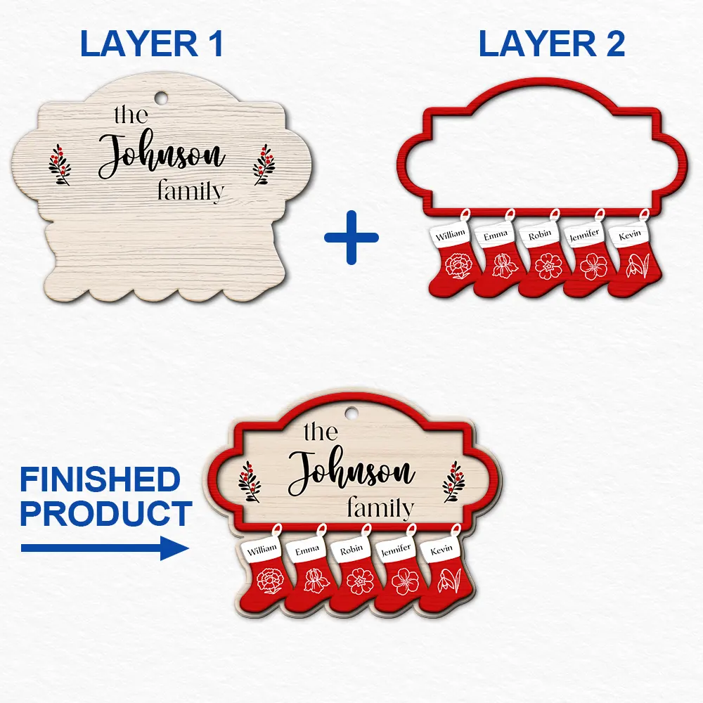 Parents,Family,Gift For Mother,Gift For Father,Gift For Grandpa,Gift For Grandma,Love,Christmas - Birth Month Flower Family Stockings - Personalized 2-Layered Wooden Ornament