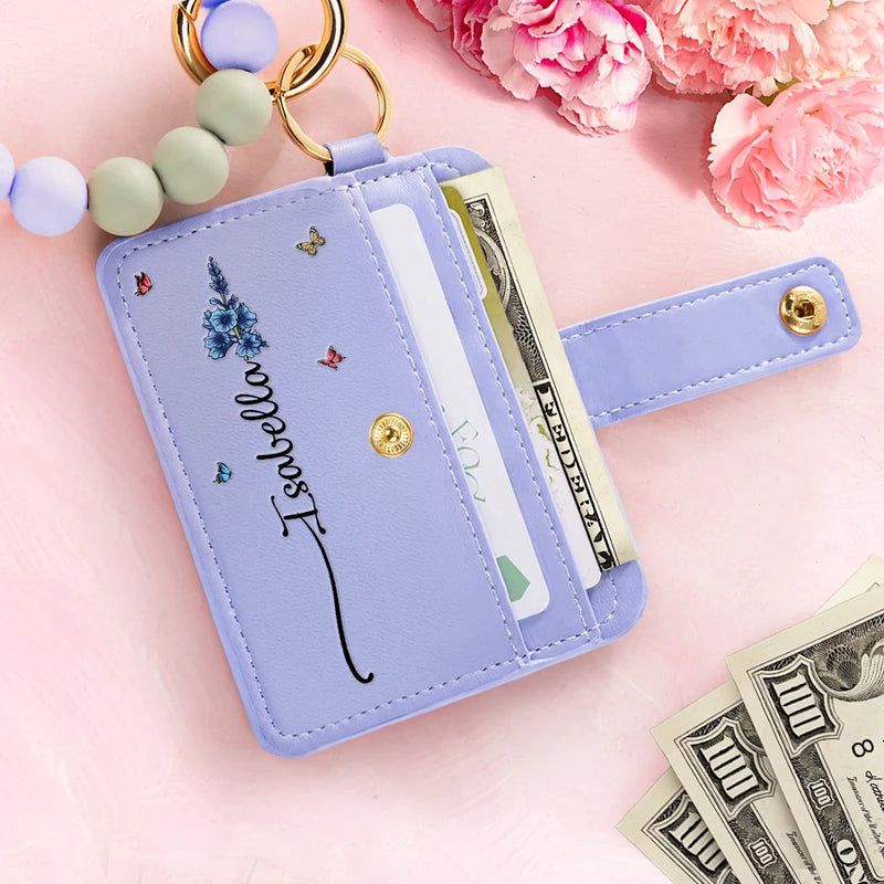 Gift For Yourself,Gift For Women,Happy,Gift For Bestie,Top Market - Birth Month Flower Name - Personalized Keychain Wristlet Leather Wallet