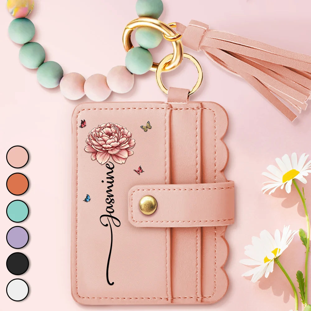 Gift For Yourself,Gift For Women,Happy,Gift For Bestie,Top Market - Birth Month Flower Name - Personalized Keychain Wristlet Leather Wallet