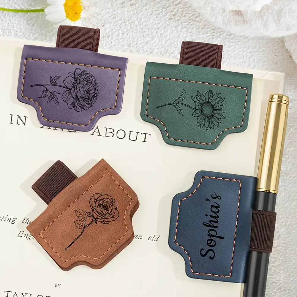 Gift For Yourself,Happy - Birth Month Flower Name Sketch - Personalized Magnetic Leather Pen Clip