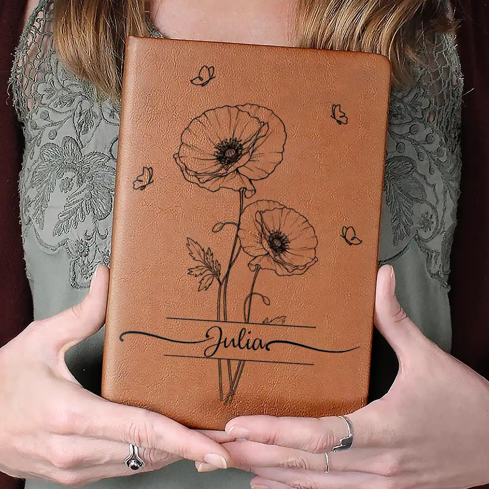 Gift For Yourself,Gift For Women - Birth Month Flower Sketch With Custom Name - Personalized Leather Journal