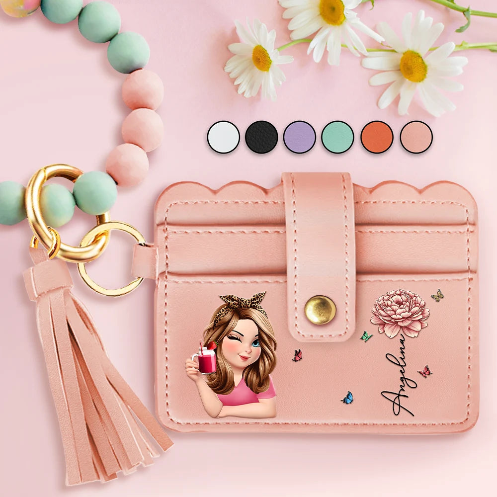 Birth Month Flower Turban Woman - Personalized Keychain Wristlet Leather Wallet