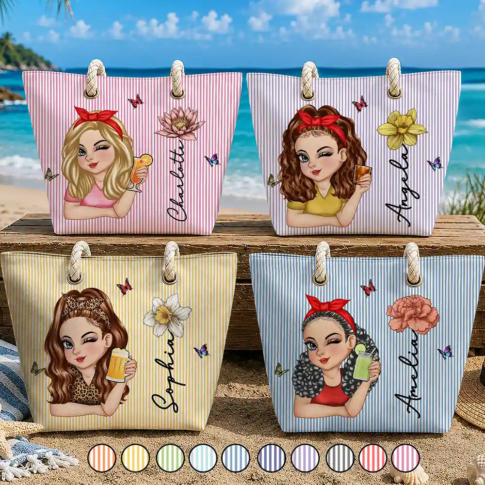 Gift For Yourself,Gift For Women,Beach,Summer,Playful,Vector - Birth Month Flower Turban Woman Stripe Pattern - Personalized Beach Bag