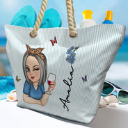 Gift For Yourself,Gift For Women,Beach,Summer,Playful,Vector - Birth Month Flower Turban Woman Stripe Pattern - Personalized Beach Bag