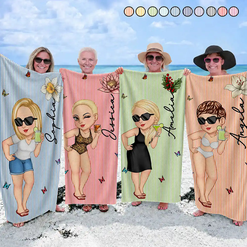 Gift For Yourself, Gift For Women, Beach, Summer, Playful, Vector - Birth Month Flower Turban Woman Stripe Pattern - Personalized Beach Towel