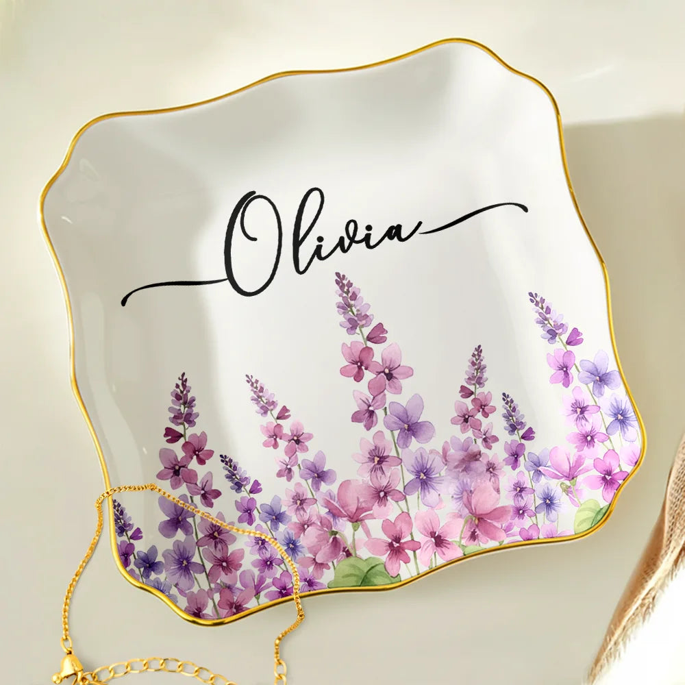 Birth Month Flower Watercolor Blooming In Love - Personalized Lace Square Jewelry Dish