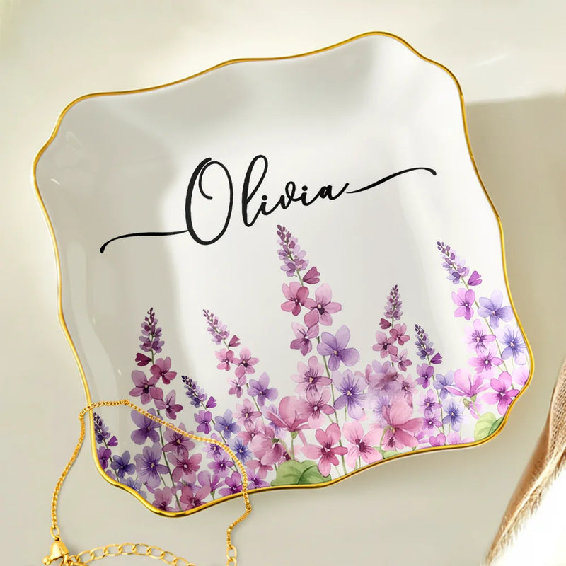 Gift For Yourself, Happy, Gift For Women - Birth Month Flower Watercolor Blooming In Love - Personalized Lace Square Jewelry Dish