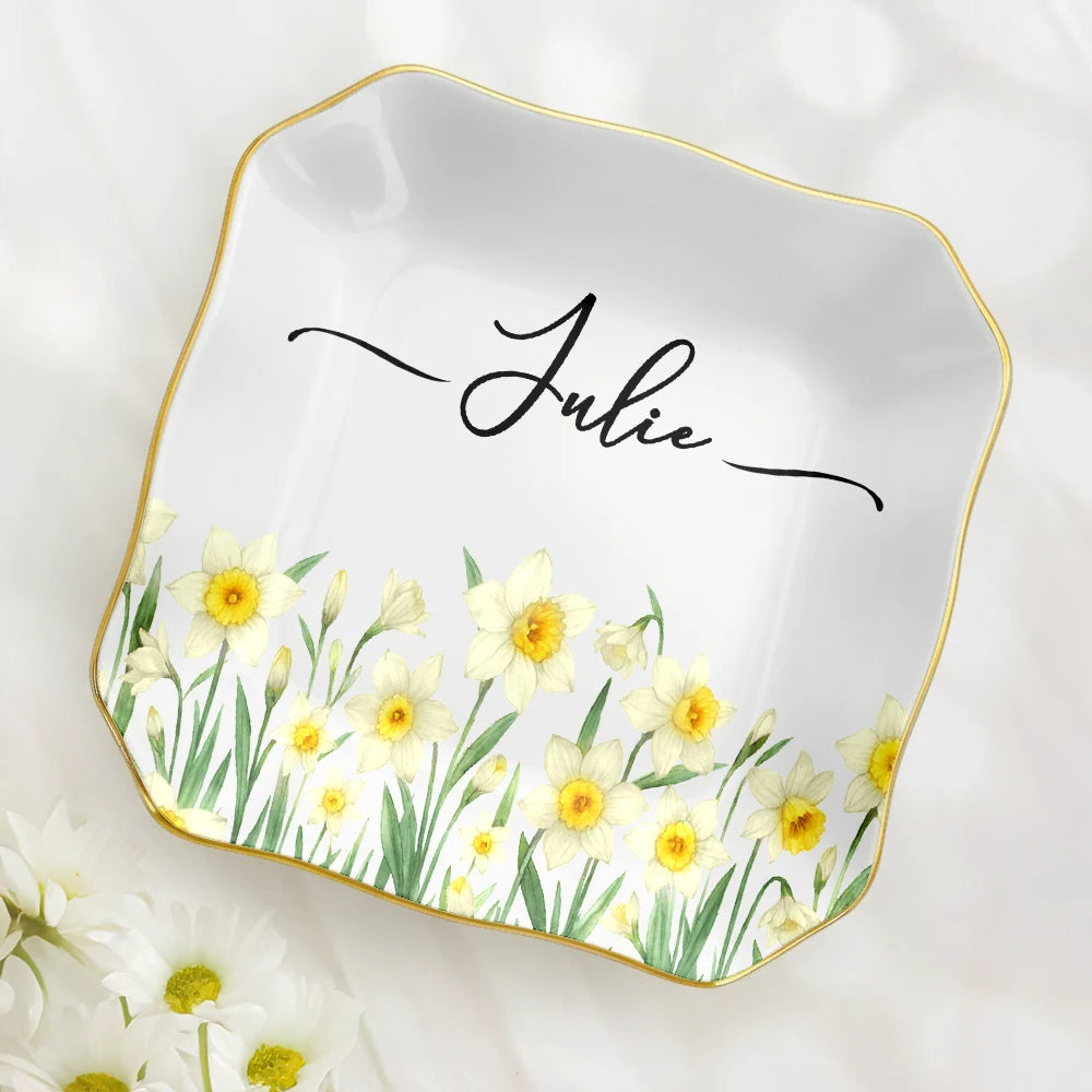 Gift For Yourself, Happy, Gift For Women - Birth Month Flower Watercolor Blooming In Love - Personalized Lace Square Jewelry Dish