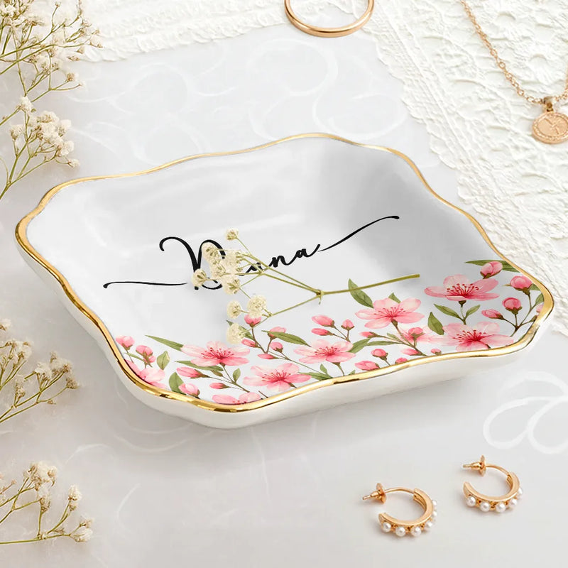 Gift For Yourself, Happy, Gift For Women - Birth Month Flower Watercolor Blooming In Love - Personalized Lace Square Jewelry Dish