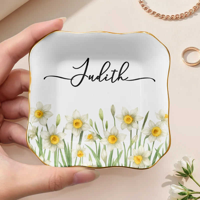 Gift For Yourself, Happy, Gift For Women - Birth Month Flower Watercolor Blooming In Love - Personalized Lace Square Jewelry Dish
