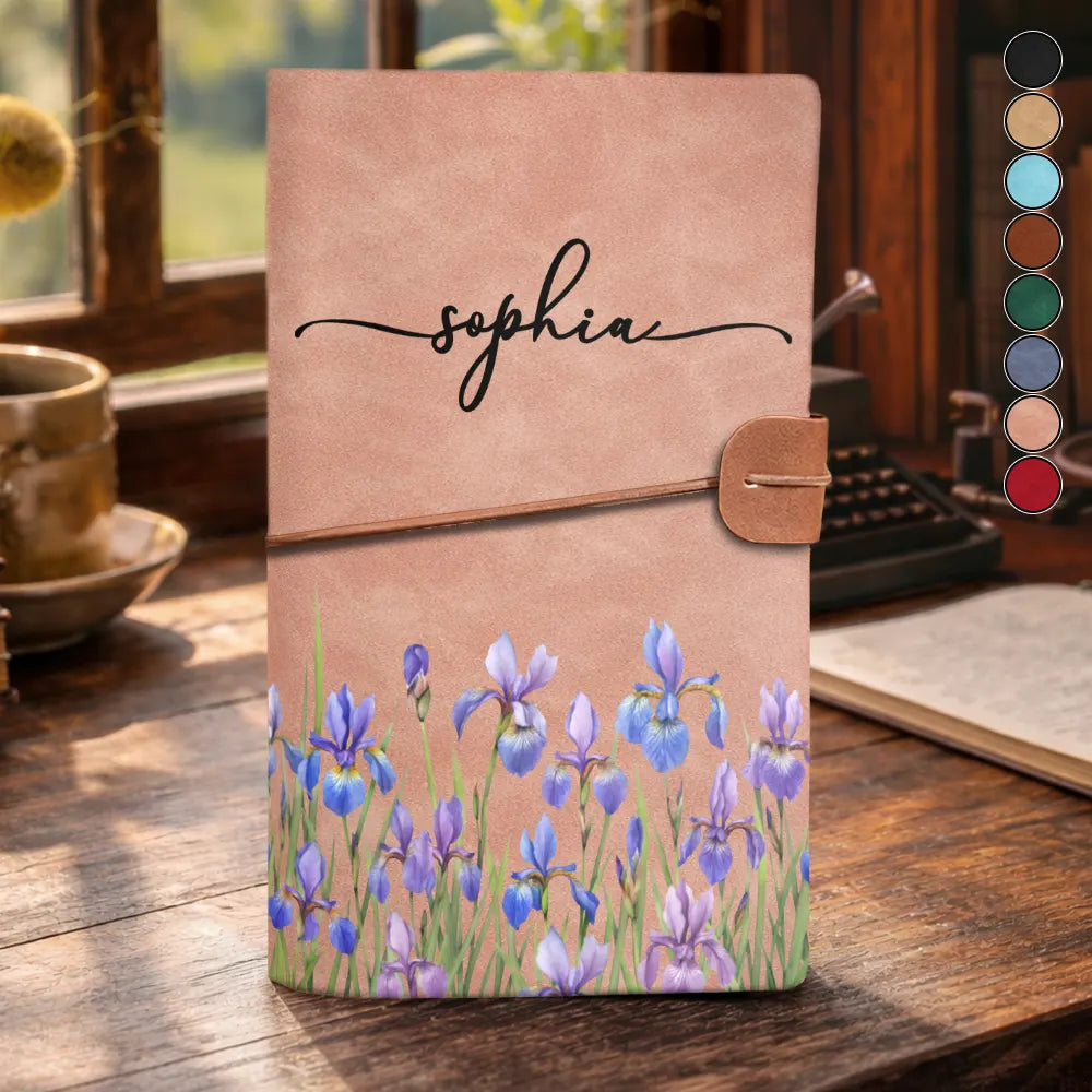 Birth Month Flower Watercolor Blooming In Love - Personalized Leather Vintage Journal