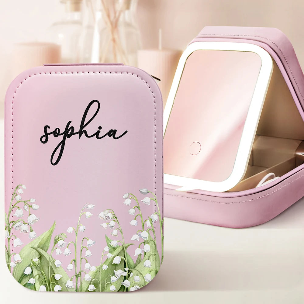 Gift For Yourself,Gift For Women,Happy,Gift For Men - Birth Month Flower Watercolor Blooming In Love - Personalized Makeup Box With LED Mirror
