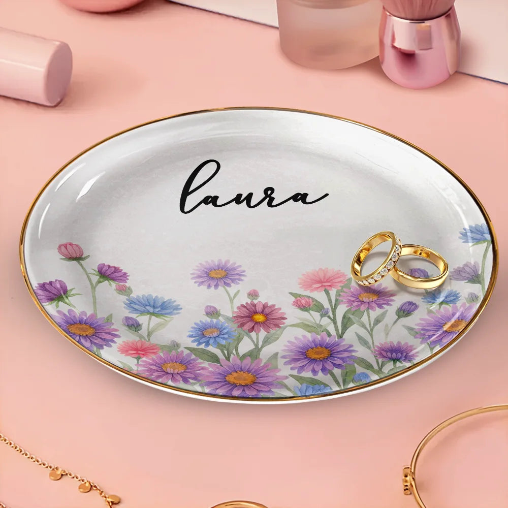 Gift For Yourself,Gift For Women,Happy,Gift For Men,Top Market - Birth Month Flower Watercolor Blooming In Love - Personalized Round Ring Dish