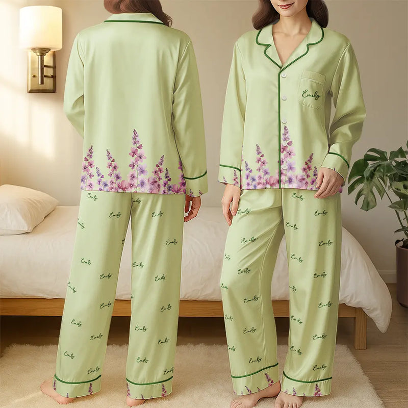 Gift For Yourself,Gift For Women,Happy - Birth Month Flower Watercolor Blooming In Love - Personalized Satin Pajama Set