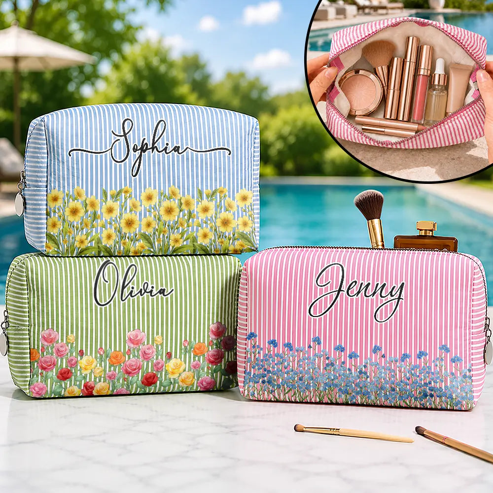 Top Market, Confident, Gift For Yourself, Summer, Gift For Women, Icon - Birth Month Flower Watercolor Blooming In Love - Personalized Striped Cosmetic Bag