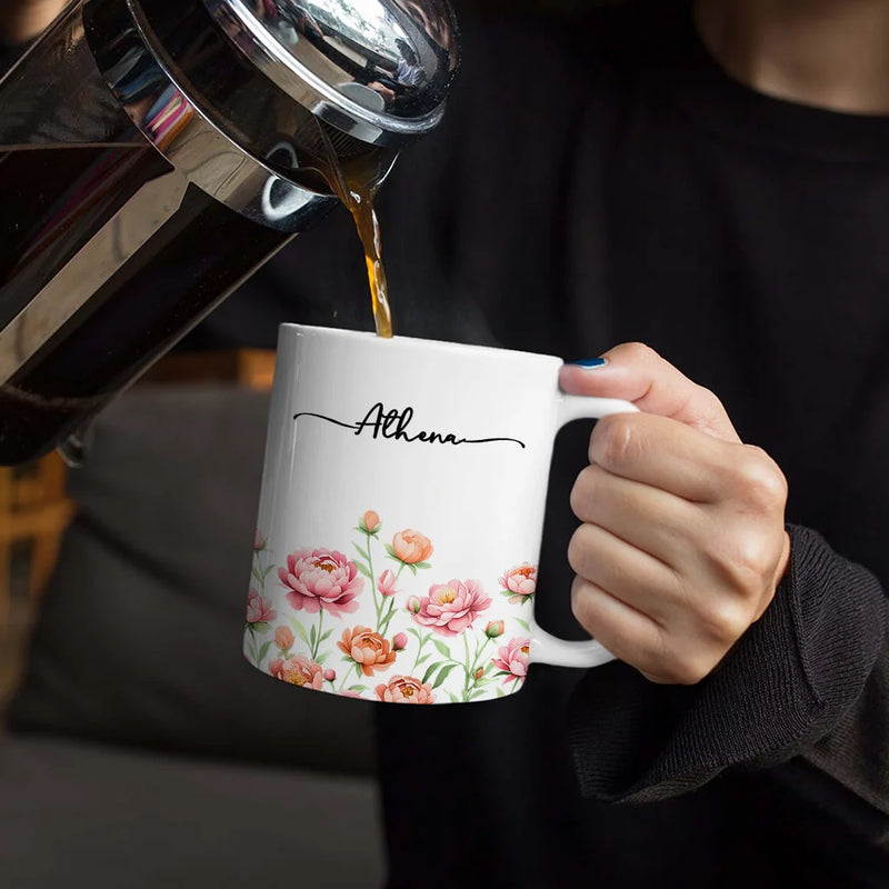 Gift For Yourself, Gift For Women, Happy - Birth Month Flower Watercolor Blooming In Love - Personalized White Edge-to-Edge Mug