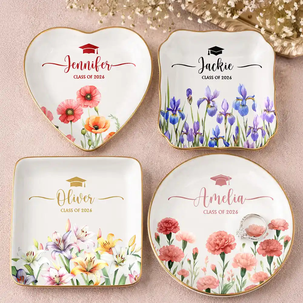 Gift For Yourself, Gift For Women, Gift For Daughter, Gift For Bestie, Graduation, Happy - Birth Month Flower Watercolor Blooming In Love Graduation - Personalized Ring Dish