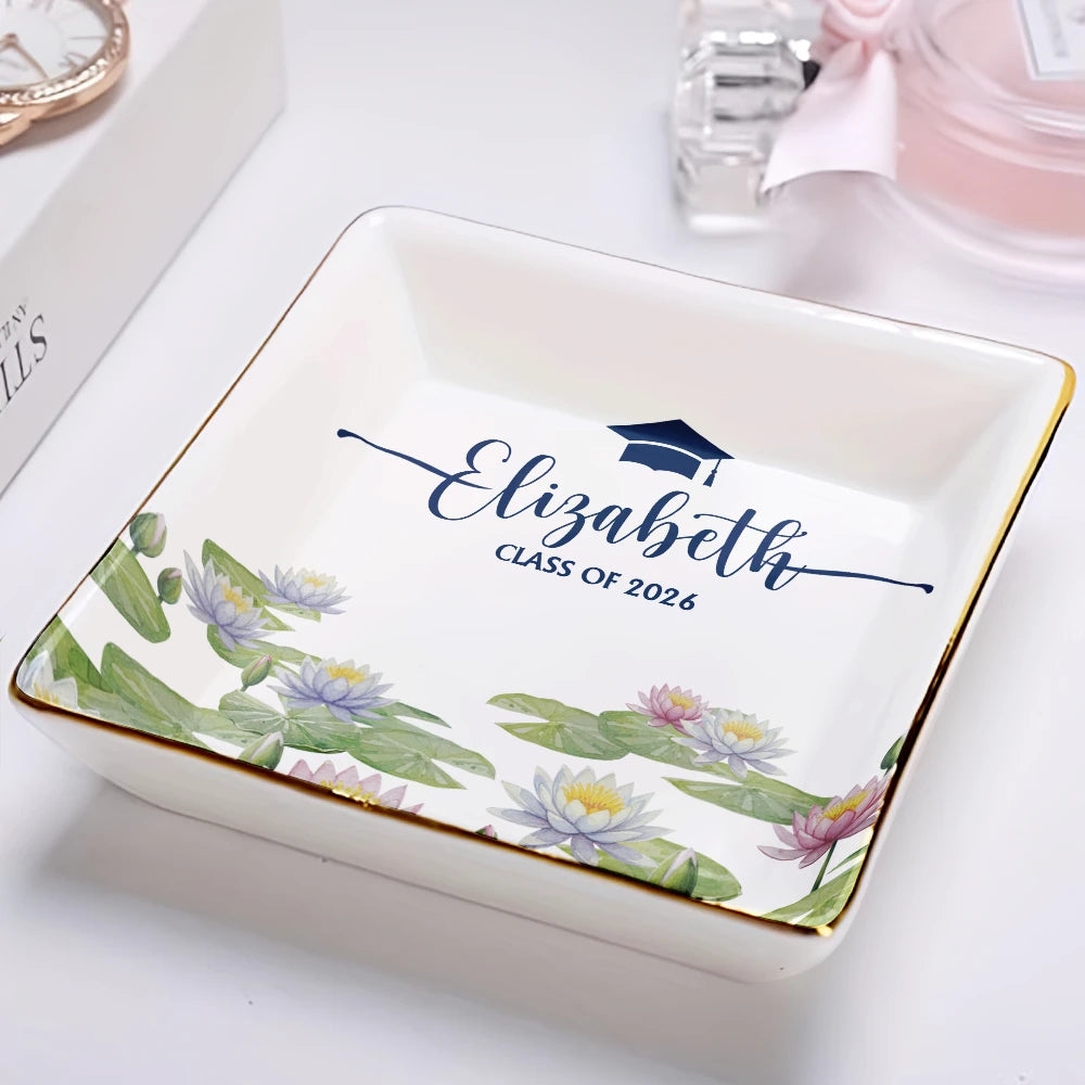 Gift For Yourself, Gift For Women, Gift For Daughter, Gift For Bestie, Graduation, Happy - Birth Month Flower Watercolor Blooming In Love Graduation - Personalized Ring Dish