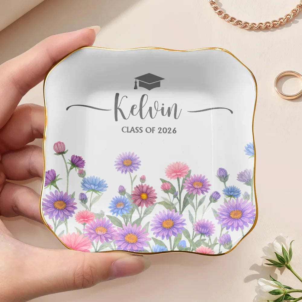 Gift For Yourself, Gift For Women, Gift For Daughter, Gift For Bestie, Graduation, Happy - Birth Month Flower Watercolor Blooming In Love Graduation - Personalized Ring Dish