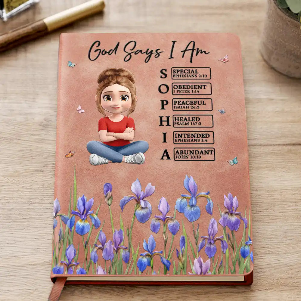 Birth Month Flower Watercolor God Says I Am - Personalized Leather Journal