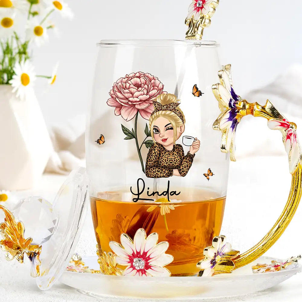 Gift For Yourself,Gift For Women,Happy,Gift For Mother,Gift For Grandma - Birth Month Flower Woman - Personalized Glass Flower Tea Cup