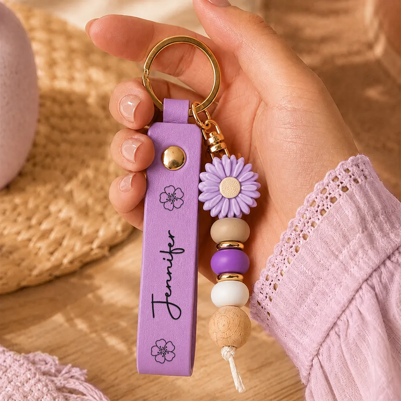 Gift For Yourself, Gift For Women, Adorable, Icon - Birth Month Flower Woman Name - Personalized Leather Beaded Keychain