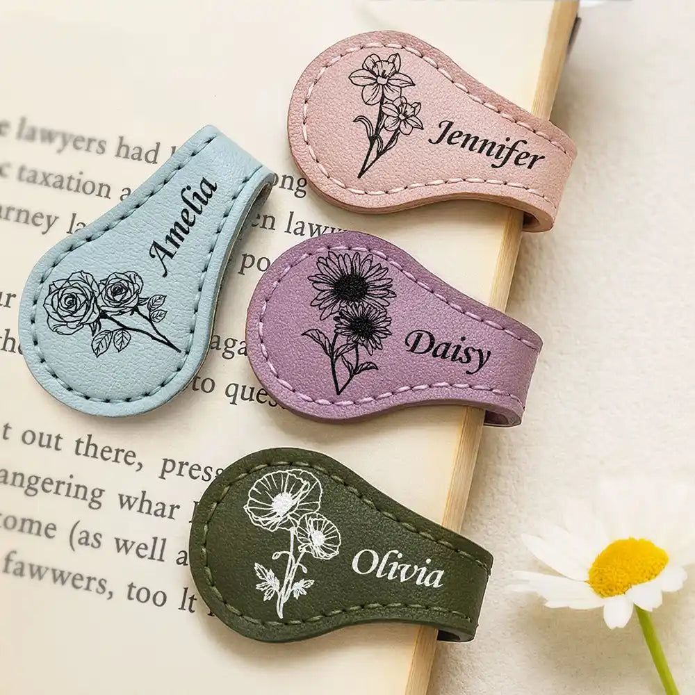 Birth Month Flower & Name - Personalized Circle Leather Magnetic Bookmark