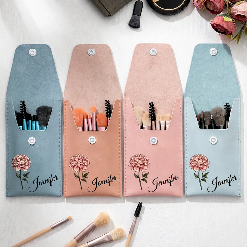 Gift For Yourself,Gift For Women,Gift For Mother,Happy - Birth Month Flower & Name - Personalized Makeup Brush Bag Set