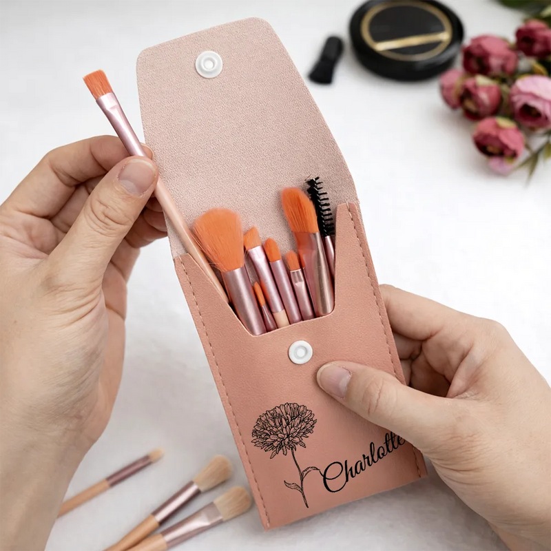 Gift For Yourself,Gift For Women,Gift For Mother,Happy - Birth Month Flower & Name - Personalized Makeup Brush Bag Set